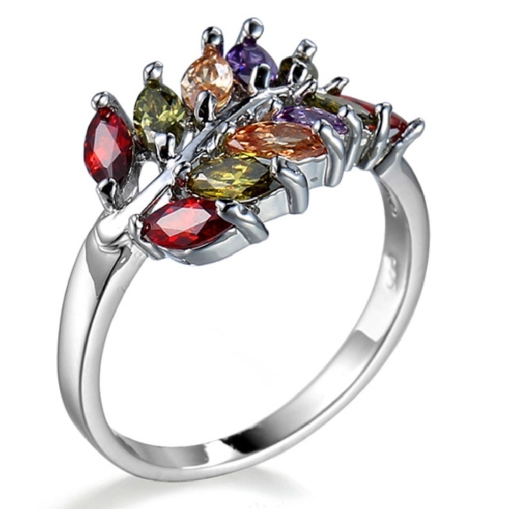 Multi Colored Cubic Zirconia Leaf Ring